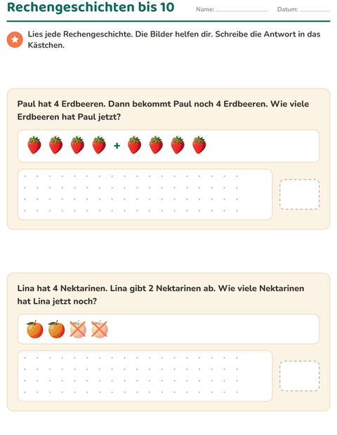 Vorschau: Sachaufgaben-Arbeitsblatt mit Früchte für 1. Klasse