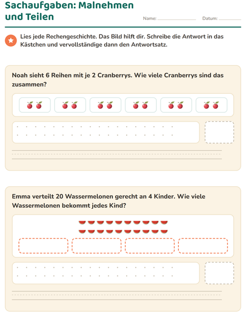 Vorschau: Sachaufgaben-Arbeitsblatt mit Früchte für 3. Klasse