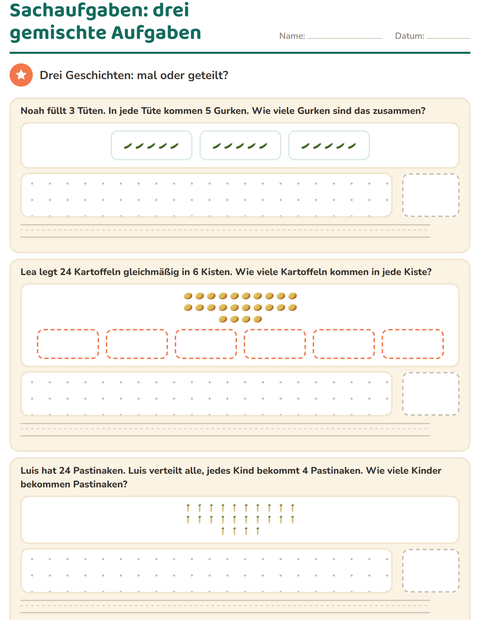 Vorschau: Sachaufgaben-Arbeitsblatt mit Gemüse für 3. Klasse