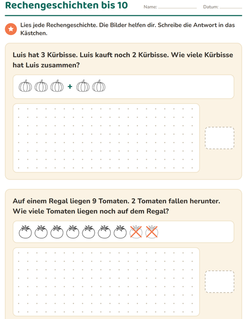 Vorschau: Sachaufgaben-Arbeitsblatt mit Gemüse SW für 1. Klasse
