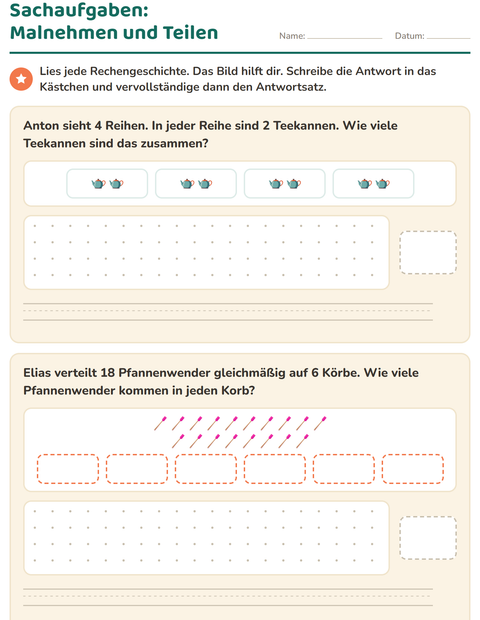Vorschau: Sachaufgaben-Arbeitsblatt mit Küchenwerkzeuge für 3. Klasse