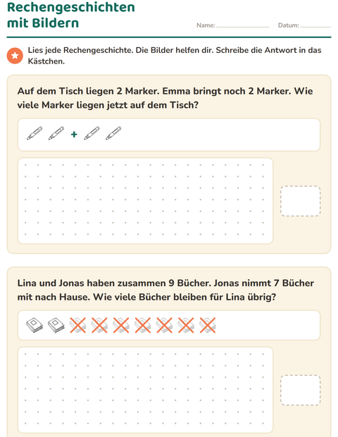 Vorschau: Sachaufgaben-Arbeitsblatt mit Klassenzimmer (S/W) für 1. Klasse
