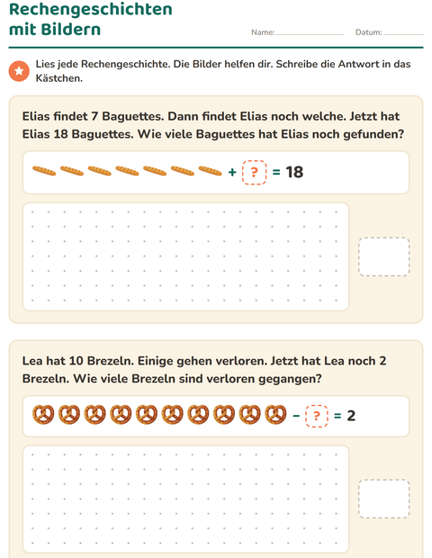 Vorschau: Sachaufgaben-Arbeitsblatt mit Bäckerei für 1. Klasse