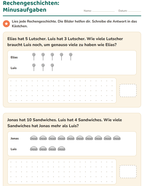 Vorschau: Sachaufgaben-Arbeitsblatt mit Essen SW 2 für 1. Klasse