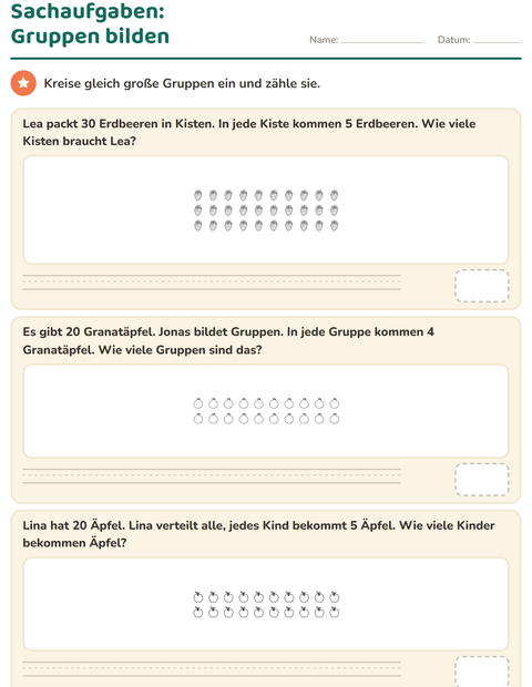 Vorschau: Sachaufgaben-Arbeitsblatt mit Früchte SW für 3. Klasse