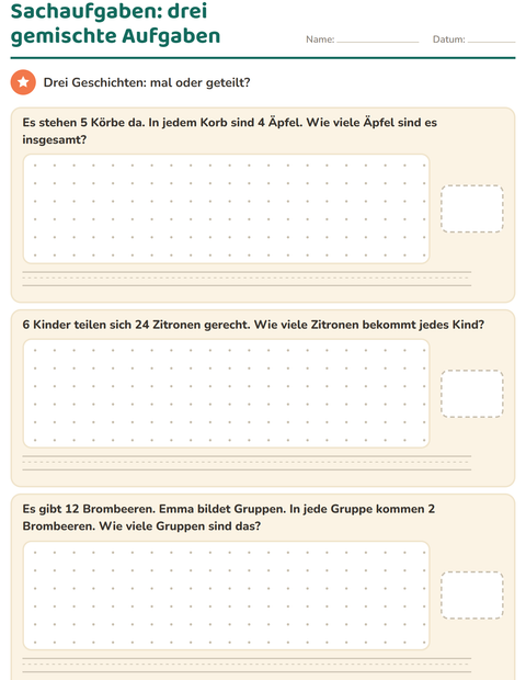 Vorschau: Sachaufgaben-Arbeitsblatt mit Früchte SW für 3. Klasse