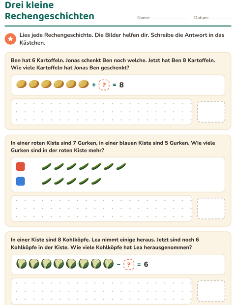 Vorschau: Sachaufgaben-Arbeitsblatt mit Gemüse für 1. Klasse