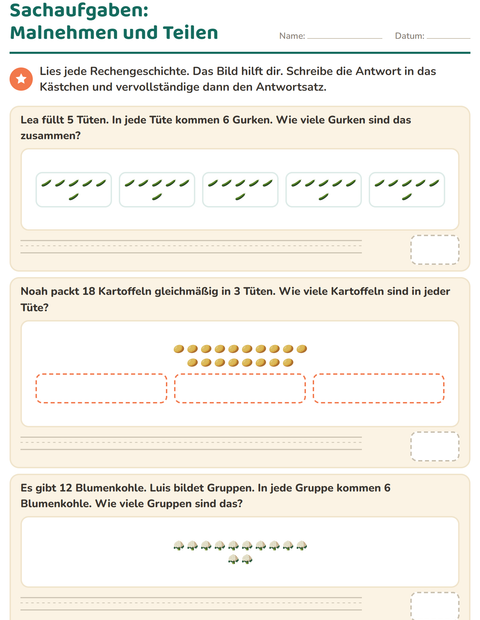 Vorschau: Sachaufgaben-Arbeitsblatt mit Gemüse für 3. Klasse