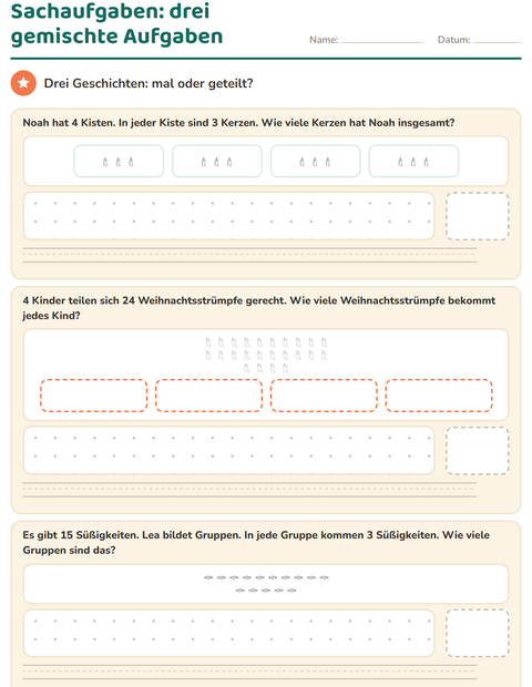 Vorschau: Sachaufgaben-Arbeitsblatt mit Weihnachten S/W für 3. Klasse