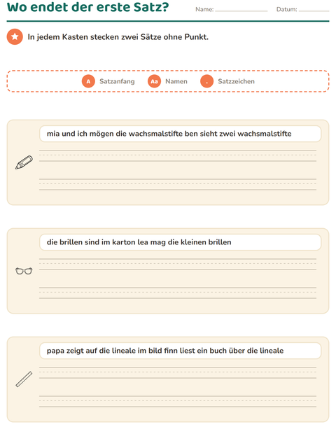 Vorschau: Satzanfang und Satzzeichen-Arbeitsblatt mit Bildung SW für 2. Klasse