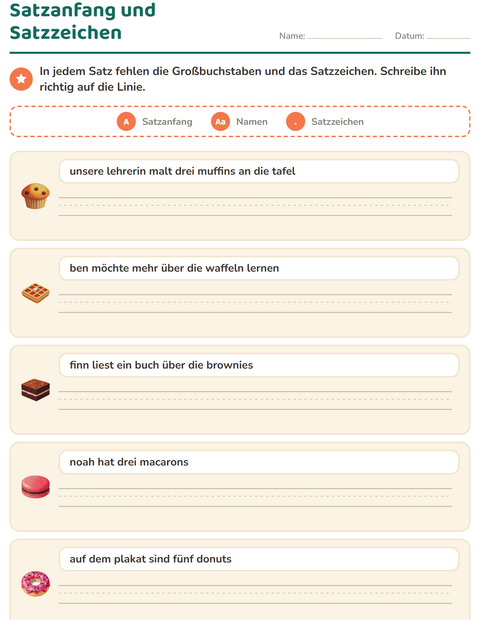 Vorschau: Satzanfang und Satzzeichen-Arbeitsblatt mit Desserts und Süßigkeiten für 2. Klasse