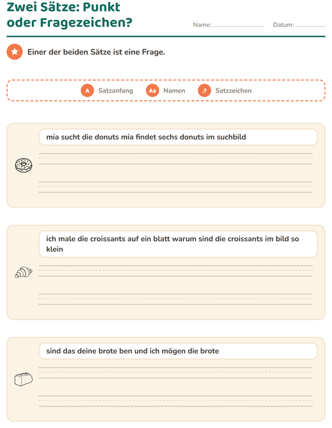 Vorschau: Satzanfang und Satzzeichen-Arbeitsblatt mit Essen SW für 2. Klasse