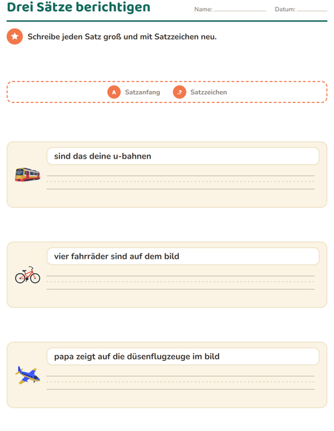 Vorschau: Satzanfang und Satzzeichen-Arbeitsblatt mit Fahrzeuge für 2. Klasse