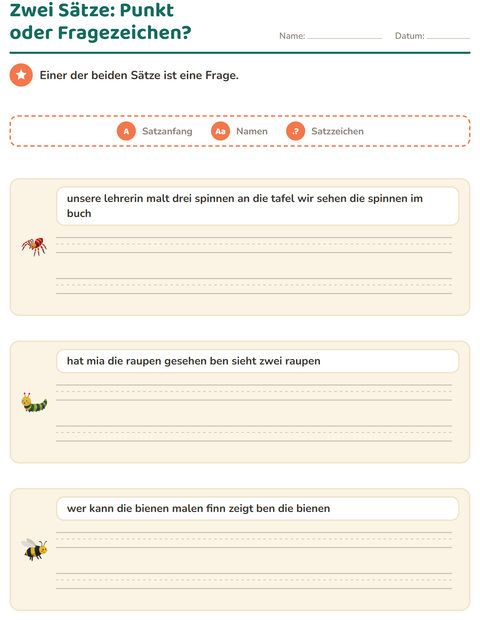 Vorschau: Satzanfang und Satzzeichen-Arbeitsblatt mit Insekten und Käfer für 2. Klasse