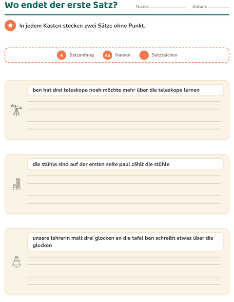Vorschau: Satzanfang und Satzzeichen-Arbeitsblatt mit Klassenzimmer (S/W) für 2. Klasse