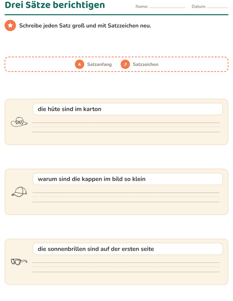 Vorschau: Satzanfang und Satzzeichen-Arbeitsblatt mit Kleidung SW für 2. Klasse