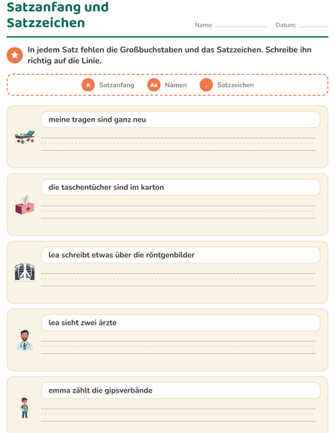 Vorschau: Satzanfang und Satzzeichen-Arbeitsblatt mit Krankenhaus für 2. Klasse