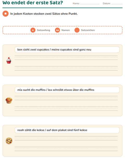 Vorschau: Satzanfang und Satzzeichen-Arbeitsblatt mit Desserts und Süßigkeiten für 2. Klasse