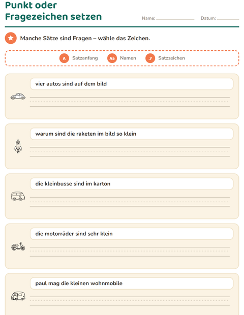 Vorschau: Satzanfang und Satzzeichen-Arbeitsblatt mit Fahrzeuge SW 3 für 2. Klasse