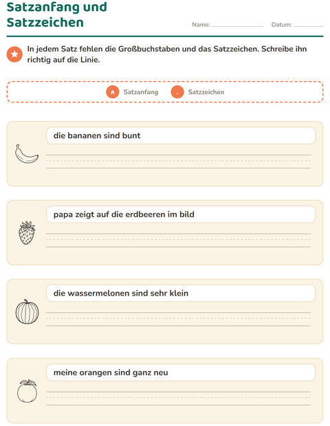 Vorschau: Satzanfang und Satzzeichen-Arbeitsblatt mit Früchte SW für 2. Klasse