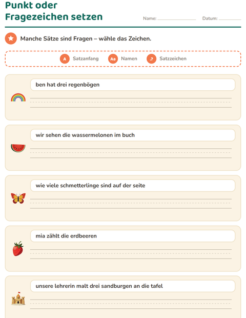 Vorschau: Satzanfang und Satzzeichen-Arbeitsblatt mit Sommer für 2. Klasse