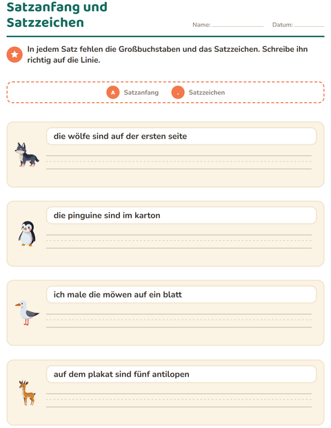 Vorschau: Satzanfang und Satzzeichen-Arbeitsblatt mit Tiere für 2. Klasse