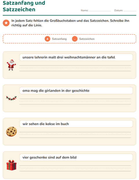 Vorschau: Satzanfang und Satzzeichen-Arbeitsblatt mit Weihnachten für 2. Klasse