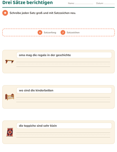 Vorschau: Satzanfang und Satzzeichen-Arbeitsblatt mit Möbel für 2. Klasse