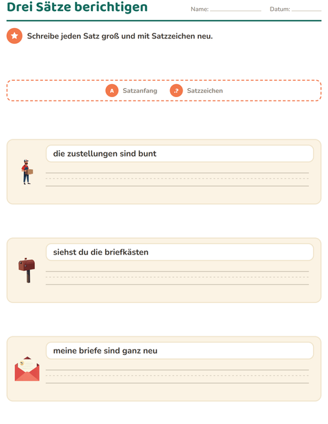 Vorschau: Satzanfang und Satzzeichen-Arbeitsblatt mit Postamt für 2. Klasse