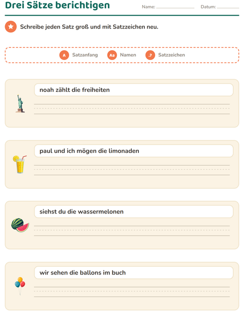 Vorschau: Satzanfang und Satzzeichen-Arbeitsblatt mit 4. Juli für 2. Klasse