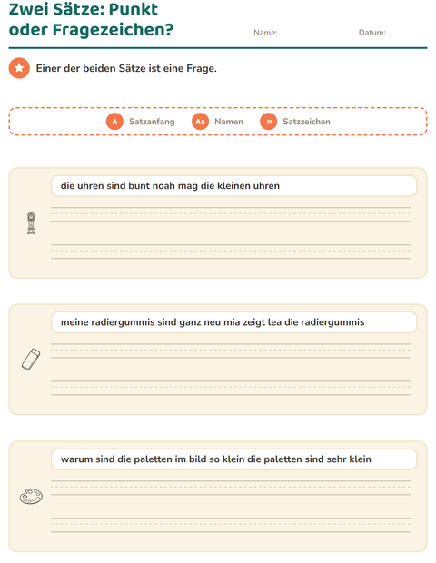 Vorschau: Satzanfang und Satzzeichen-Arbeitsblatt mit Bildung SW für 2. Klasse