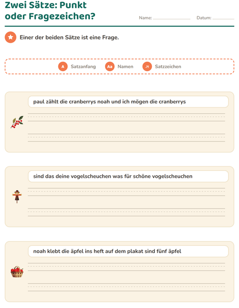 Vorschau: Satzanfang und Satzzeichen-Arbeitsblatt mit Erntedankfest für 2. Klasse