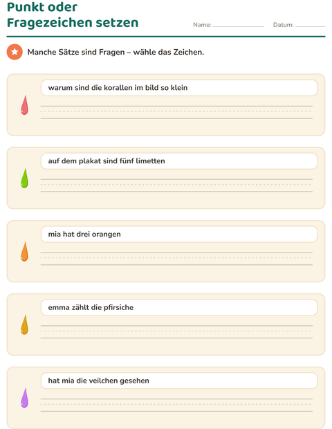 Vorschau: Satzanfang und Satzzeichen-Arbeitsblatt mit Farben für 2. Klasse