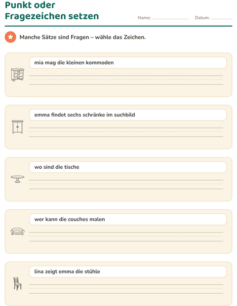 Vorschau: Satzanfang und Satzzeichen-Arbeitsblatt mit Möbel SW für 2. Klasse