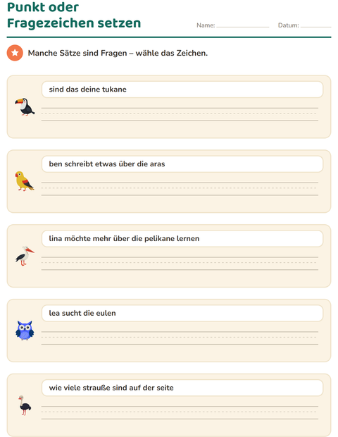 Vorschau: Satzanfang und Satzzeichen-Arbeitsblatt mit Vögel für 2. Klasse