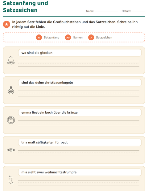 Vorschau: Satzanfang und Satzzeichen-Arbeitsblatt mit Weihnachten S/W für 2. Klasse