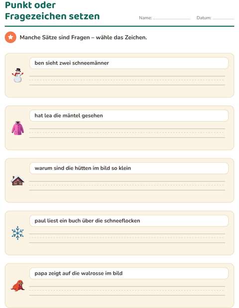 Vorschau: Satzanfang und Satzzeichen-Arbeitsblatt mit Winter für 2. Klasse