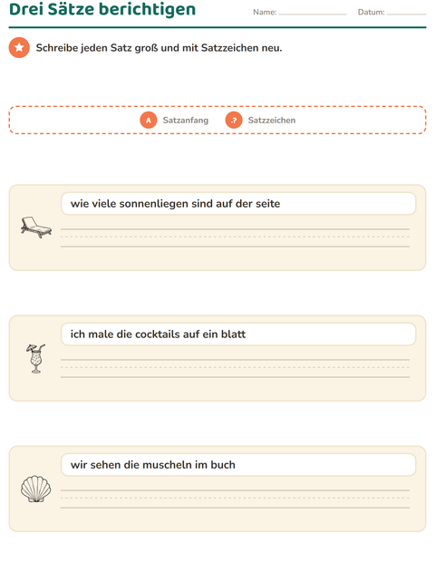 Vorschau: Satzanfang und Satzzeichen-Arbeitsblatt mit Strand SW 2 für 2. Klasse