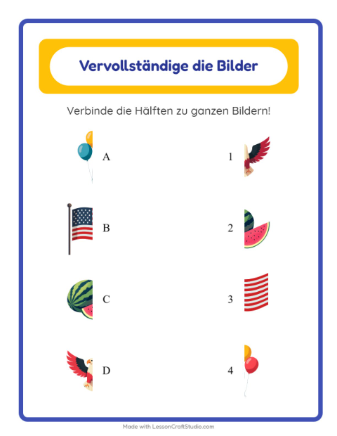 Vorschau: Schatten zuordnen-Arbeitsblatt mit 4. Juli für Kindergarten