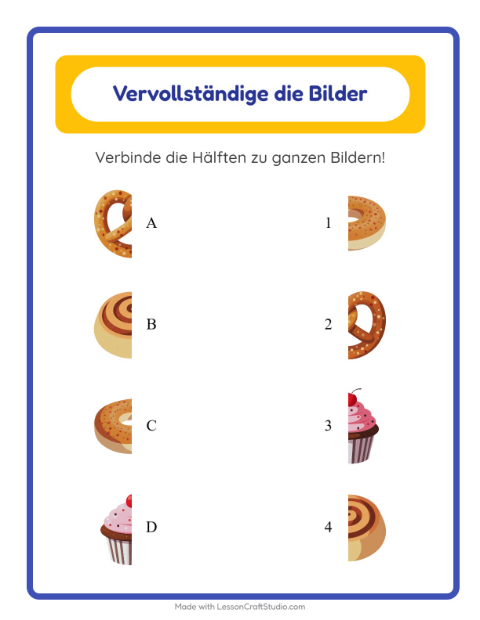 Vorschau: Schatten zuordnen-Arbeitsblatt mit Bäckerei für Kindergarten