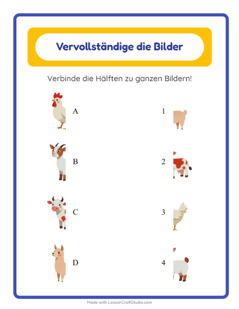 Vorschau: Schatten zuordnen-Arbeitsblatt mit Bauernhoftiere für Kindergarten
