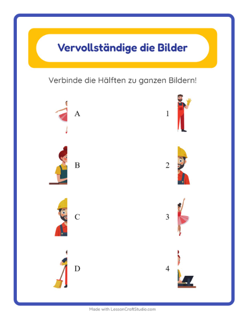 Bildhälften zusammensetzen mit Krankenschwestern, Piloten und Kassierern – Arbeitsblatt für die Vorschule — 2