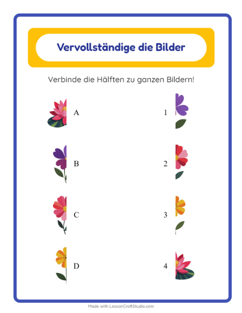 Vorschau: Schatten zuordnen-Arbeitsblatt mit Blumen für Kindergarten