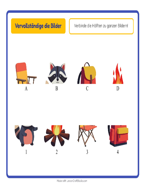 Vorschau: Schatten zuordnen-Arbeitsblatt mit Camping für Kindergarten