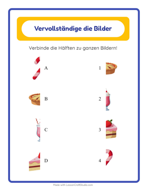 Vorschau: Schatten zuordnen-Arbeitsblatt mit Desserts und Süßigkeiten für Kindergarten