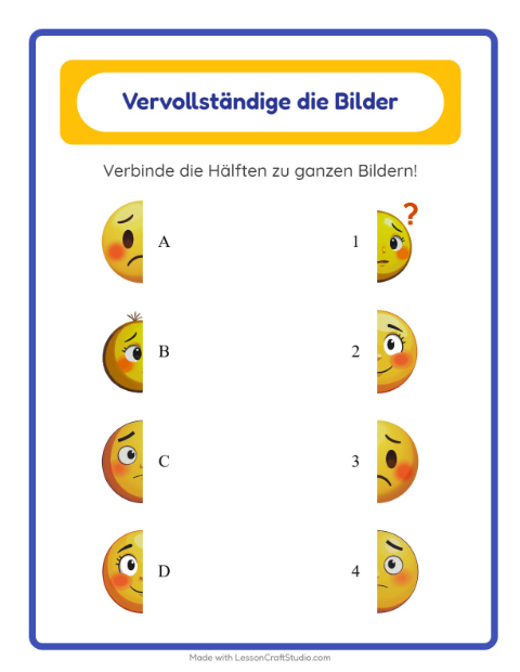 Vorschau: Schatten zuordnen-Arbeitsblatt mit Emotionen für Kindergarten