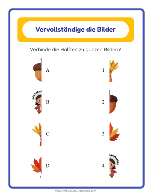 Vorschau: Schatten zuordnen-Arbeitsblatt mit Erntedankfest für Kindergarten