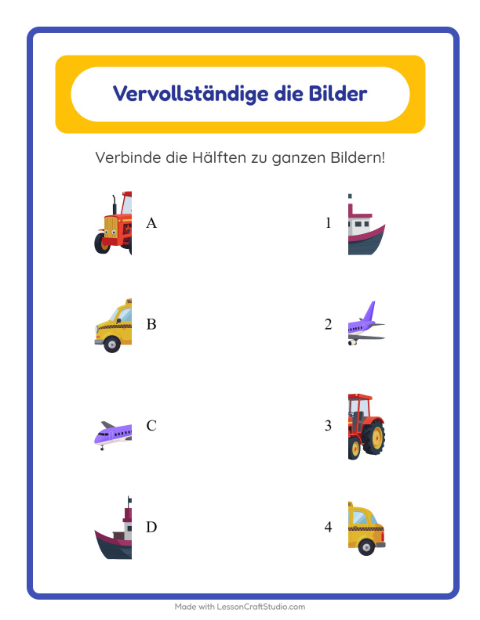 Vorschau: Schatten zuordnen-Arbeitsblatt mit Fahrzeuge für Kindergarten