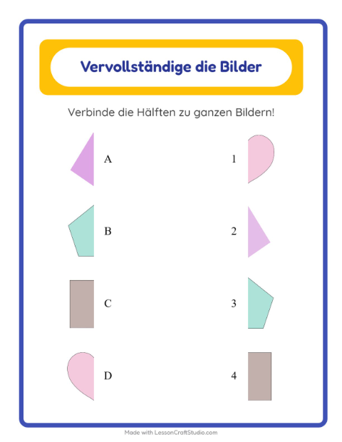 Bildhälften zusammensetzen mit Kreisen, Quadraten und Dreiecken – Arbeitsblatt für die Vorschule — 2