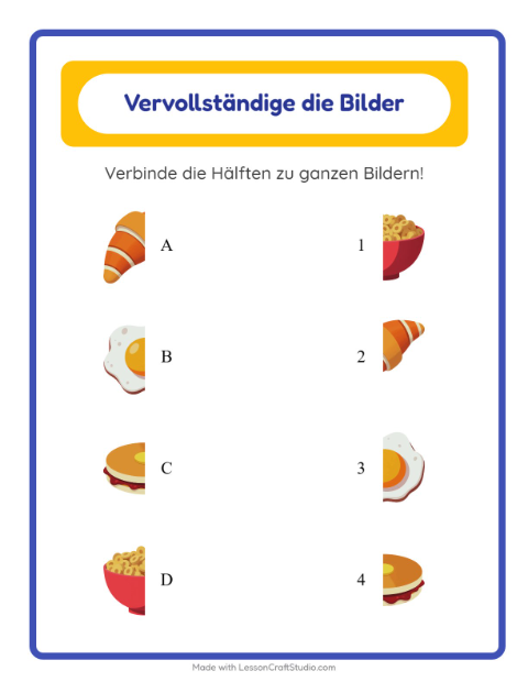 Bildhälften zusammensetzen mit Eiern, Pfannkuchen und Bananen – Arbeitsblatt für die Vorschule — 2